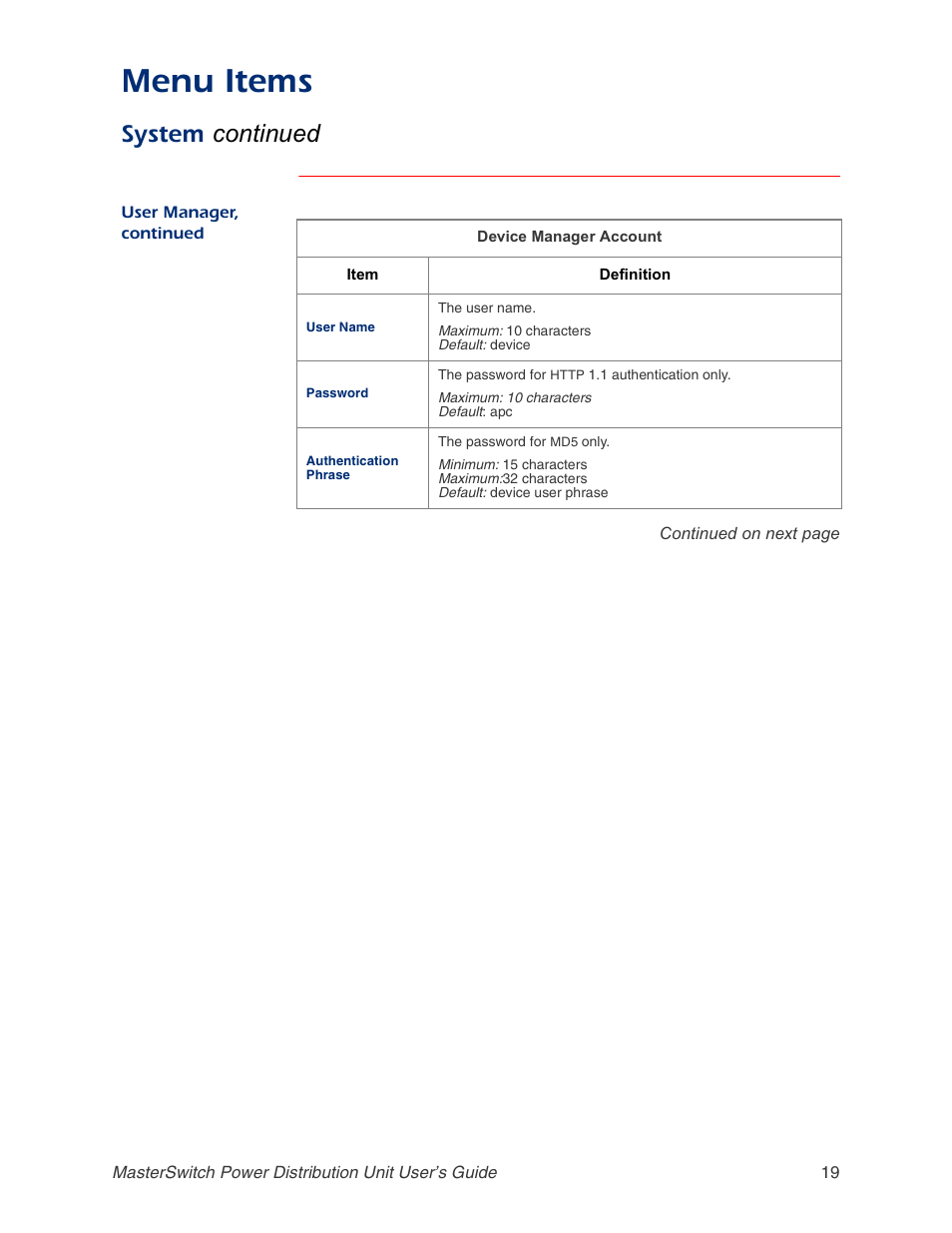 Menu items, System continued | APC AP9211 User Manual | Page 23 / 57