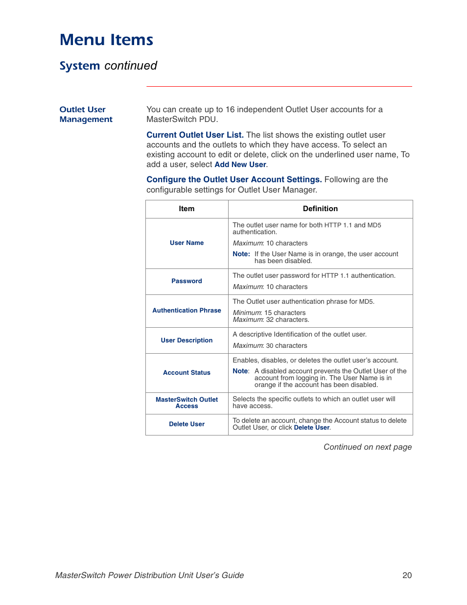 Outlet user management, Menu items, System continued | APC AP9211 User Manual | Page 24 / 57