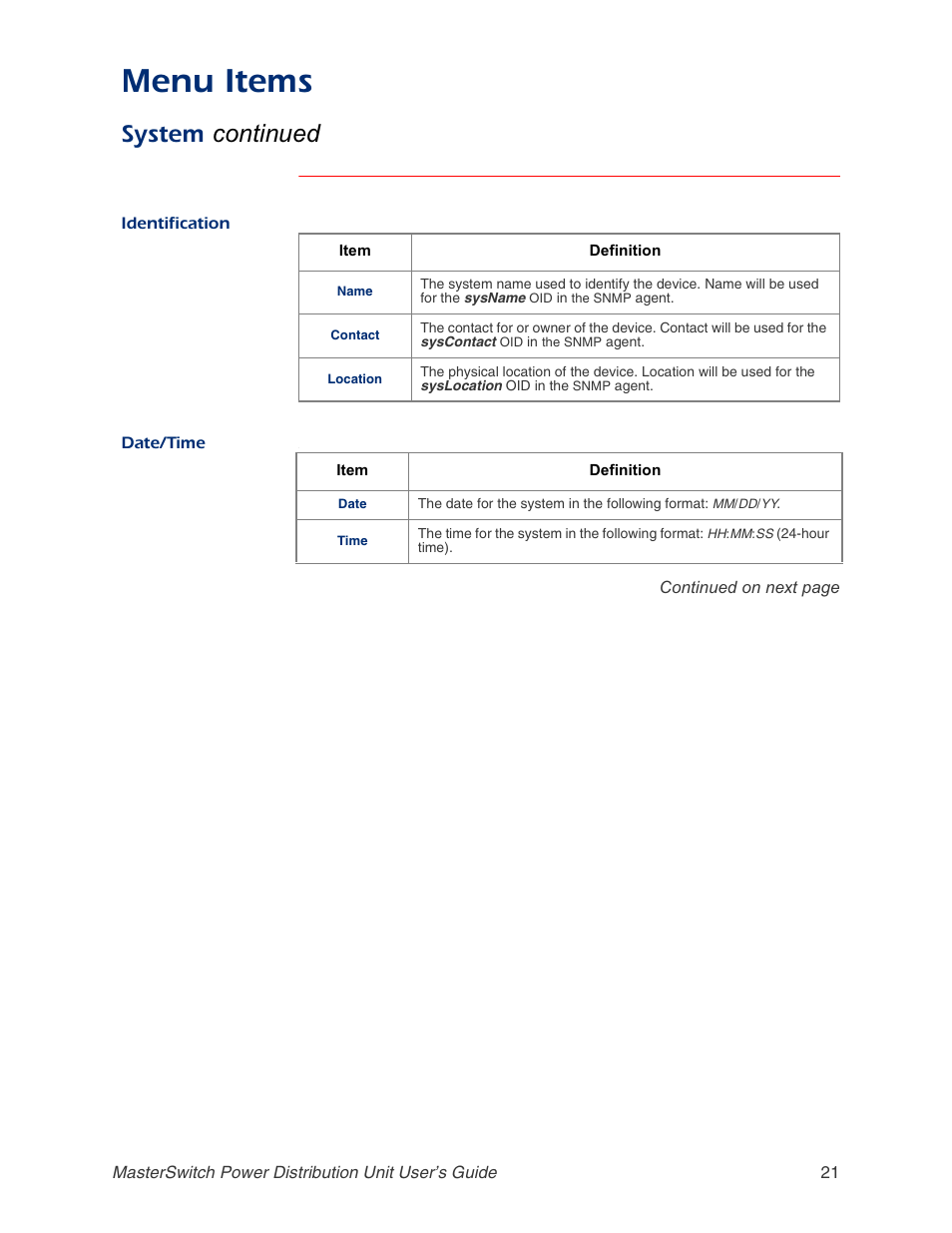 Identification, Date/time, Menu items | System continued | APC AP9211 User Manual | Page 25 / 57