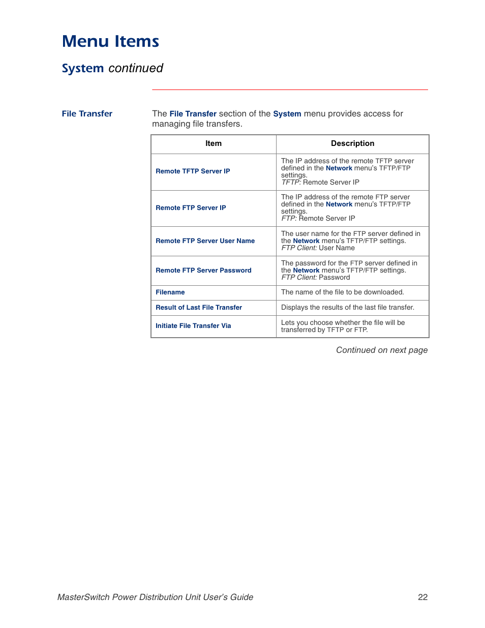 File transfer, Menu items, System continued | APC AP9211 User Manual | Page 26 / 57