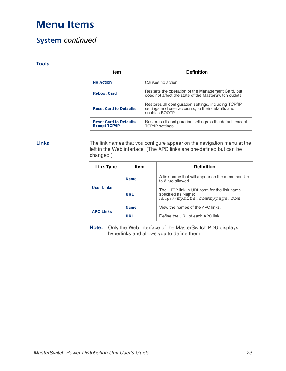 Tools, Links, Menu items | System continued | APC AP9211 User Manual | Page 27 / 57