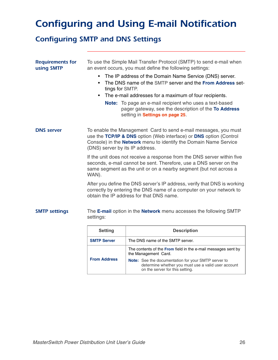 Configuring smtp and dns settings, Dns server, Smtp settings | Configuring and using e-mail notification | APC AP9211 User Manual | Page 30 / 57