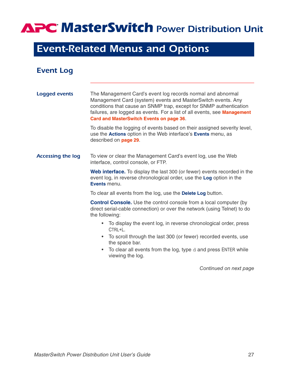 Event-related menus and options, Event log, Logged events | Accessing the log, Masterswitch, Power distribution unit | APC AP9211 User Manual | Page 31 / 57