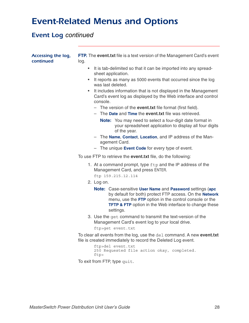 Event-related menus and options, Event log continued | APC AP9211 User Manual | Page 32 / 57