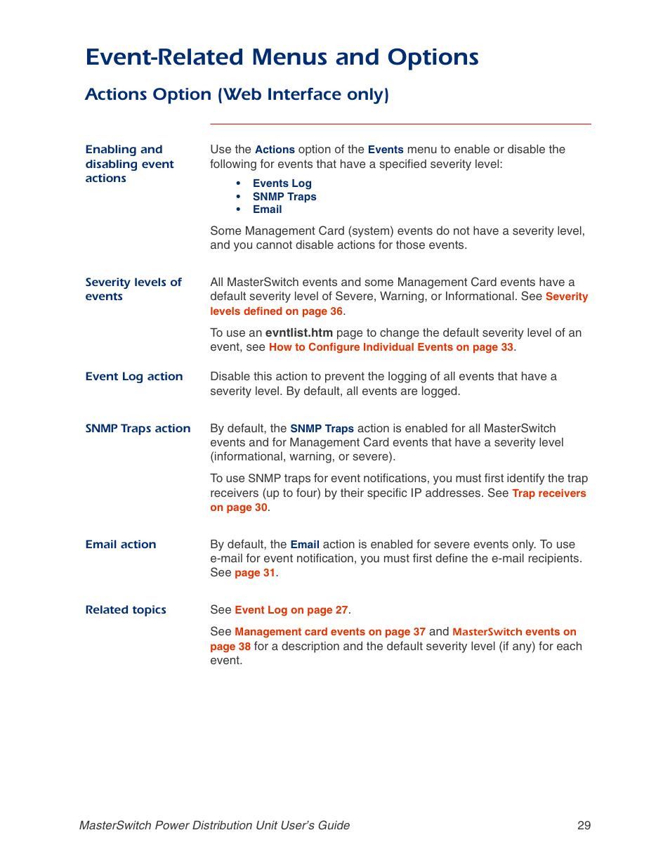 Actions option (web interface only), Enabling and disabling event actions, Severity levels of events | Event log action, Snmp traps action, Email action, Related topics, Snmp, Event-related menus and options | APC AP9211 User Manual | Page 33 / 57