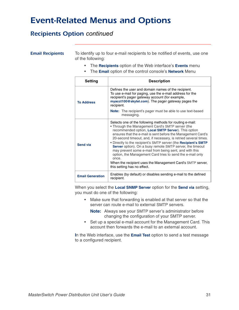 Email recipients, Event-related menus and options, Recipients option continued | APC AP9211 User Manual | Page 35 / 57