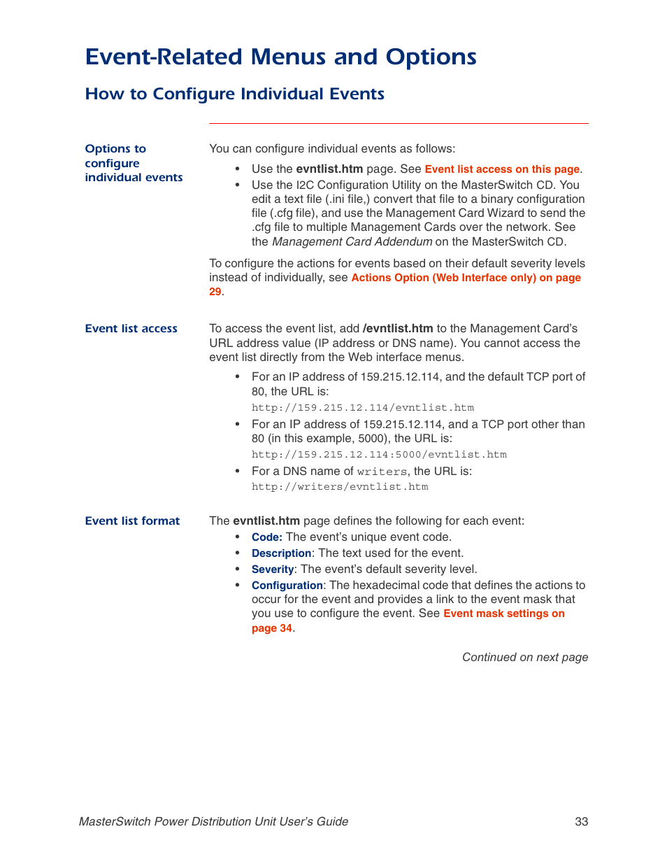 How to configure individual events, Event list access, Event list format | Event-related menus and options | APC AP9211 User Manual | Page 37 / 57