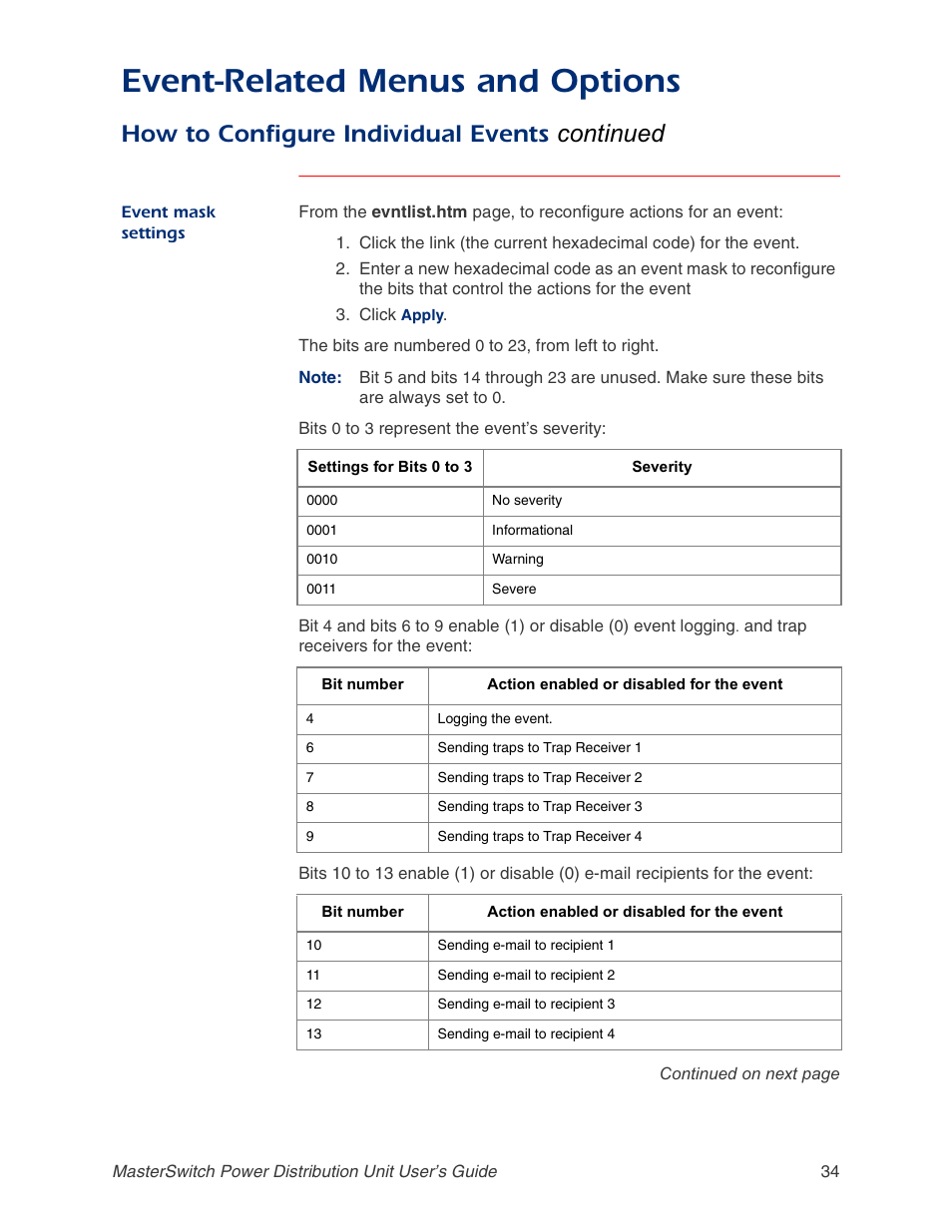Event mask settings, Event mask settings on, Event-related menus and options | How to configure individual events continued | APC AP9211 User Manual | Page 38 / 57