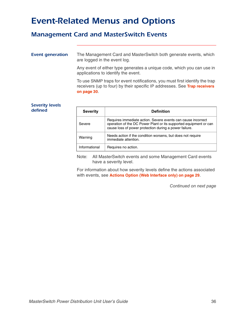 Management card and masterswitch events, Severity levels defined, Management | Severity, Event-related menus and options | APC AP9211 User Manual | Page 40 / 57