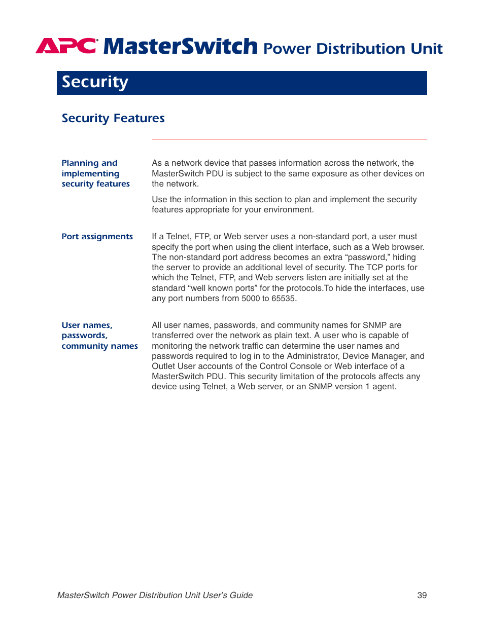 Security, Security features, Planning and implementing security features | Port assignments, User names, passwords, community names, Masterswitch, Power distribution unit | APC AP9211 User Manual | Page 43 / 57