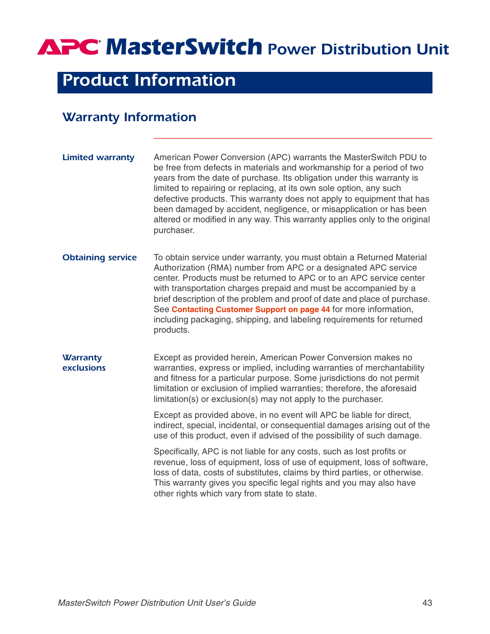 Product information, Warranty information, Limited warranty | Obtaining service, Warranty exclusions, Masterswitch, Power distribution unit | APC AP9211 User Manual | Page 47 / 57