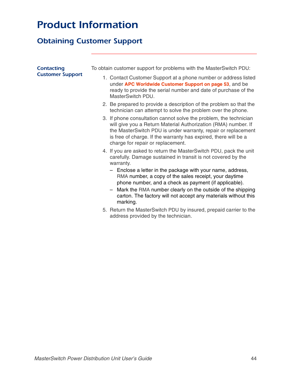 Obtaining customer support, Contacting customer support, Product information | APC AP9211 User Manual | Page 48 / 57