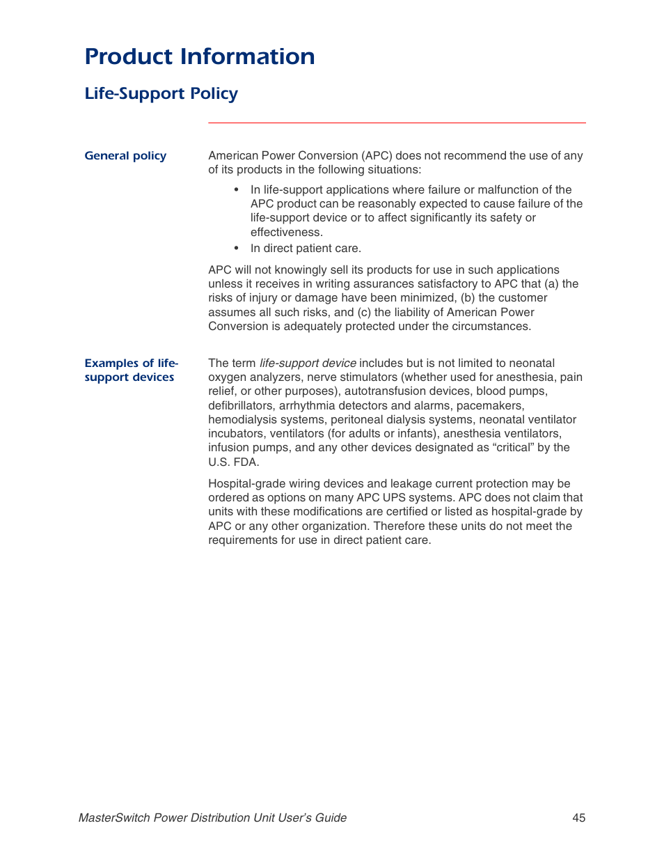 Life-support policy, General policy, Examples of life- support devices | Examples of life-support devices, Product information | APC AP9211 User Manual | Page 49 / 57