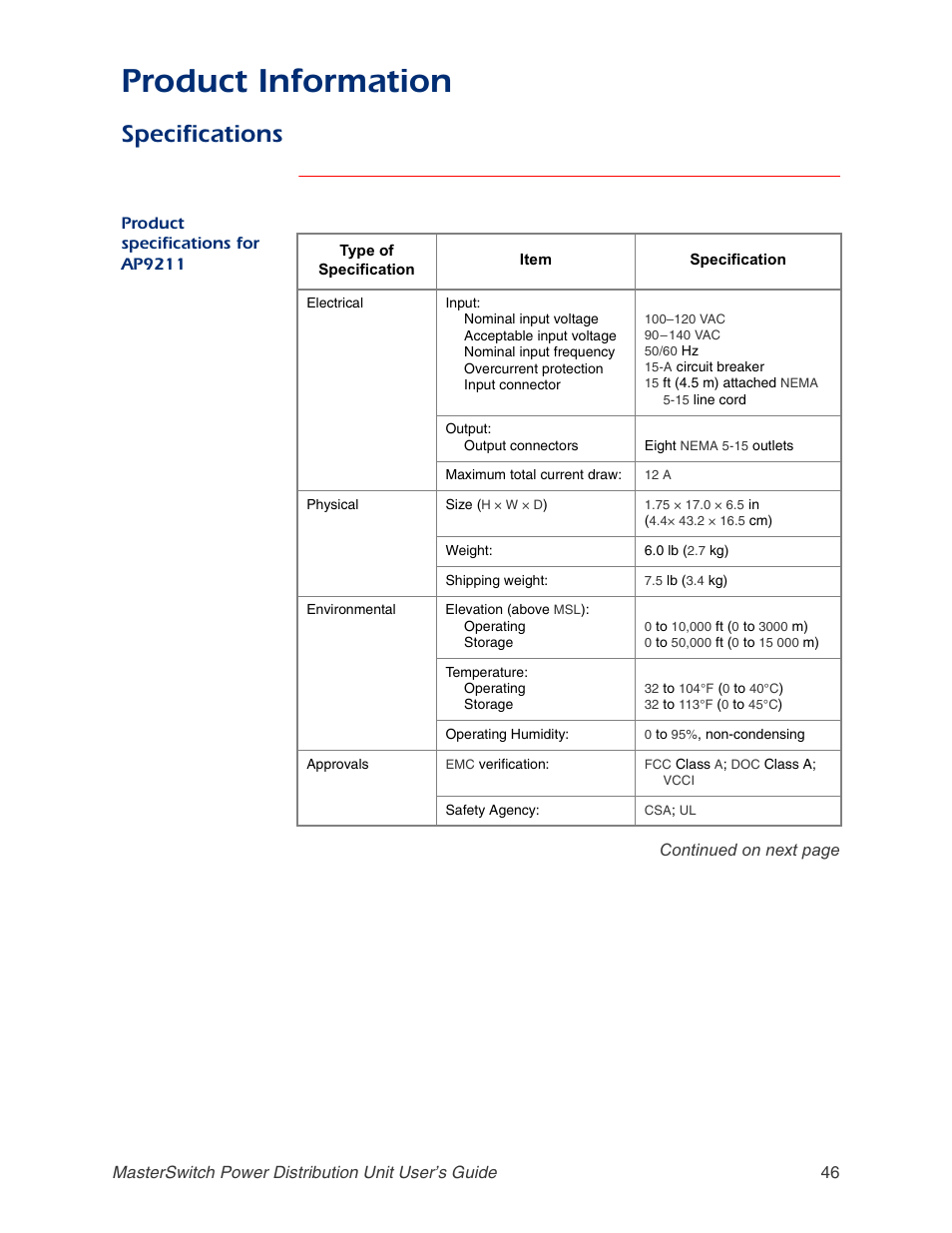 Specifications, Product specifications for ap9211, Product information | APC AP9211 User Manual | Page 50 / 57