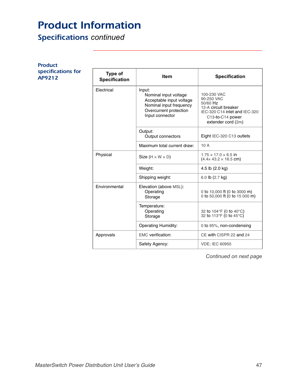 Product specifications for ap9212, Product information, Specifications continued | APC AP9211 User Manual | Page 51 / 57