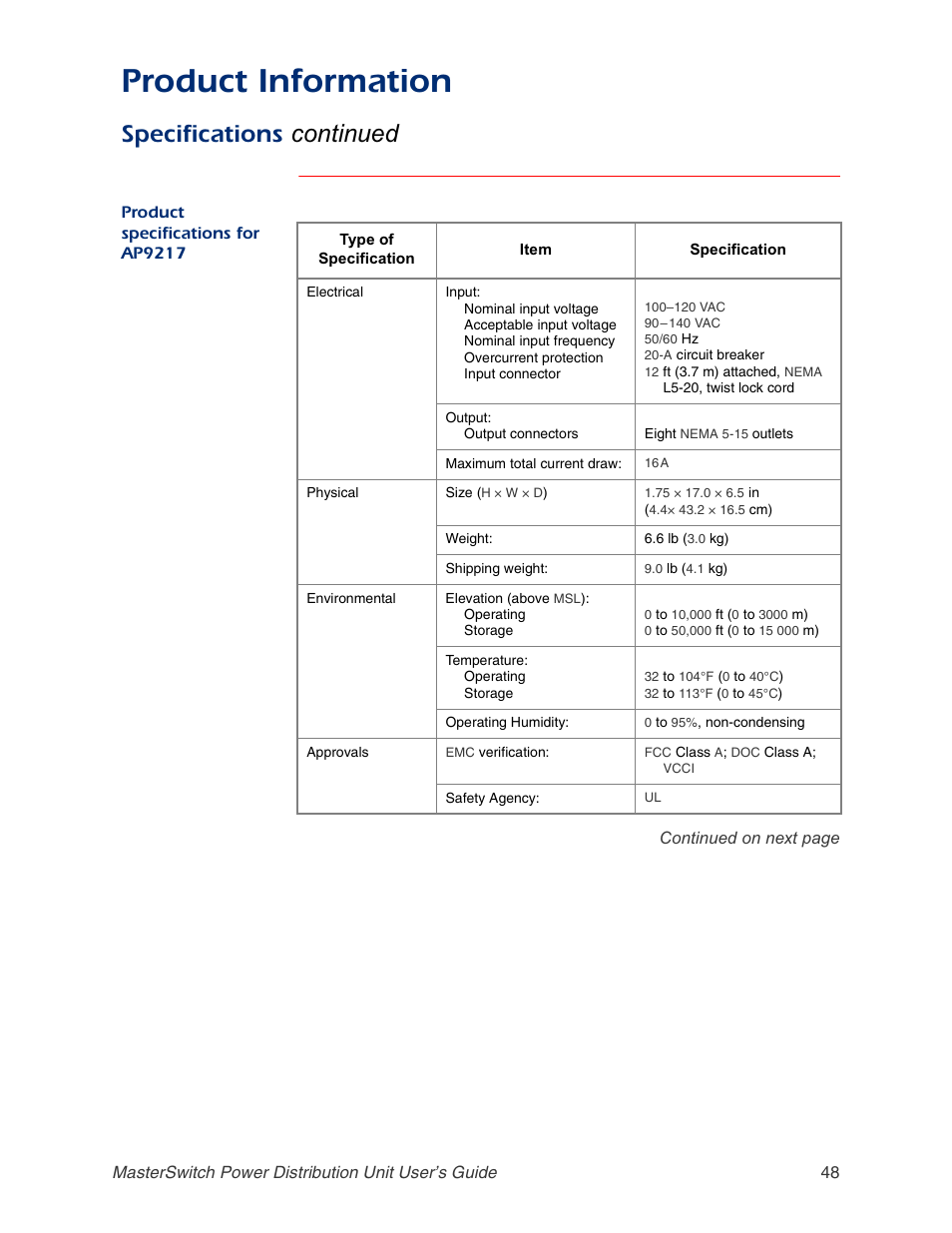 Product specifications for ap9217, Product information, Specifications continued | APC AP9211 User Manual | Page 52 / 57