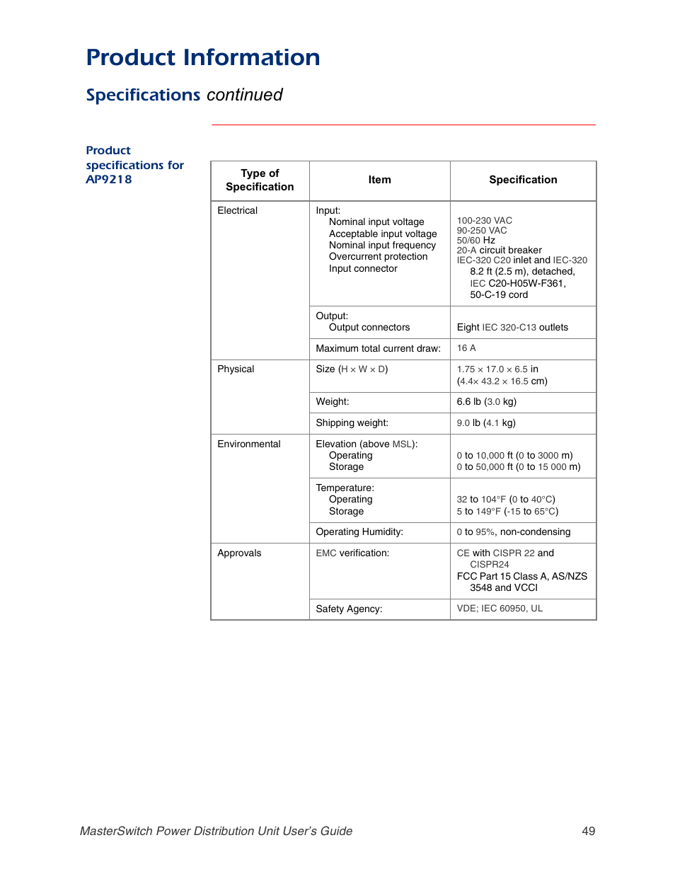 Product specifications for ap9218, Product information, Specifications continued | APC AP9211 User Manual | Page 53 / 57