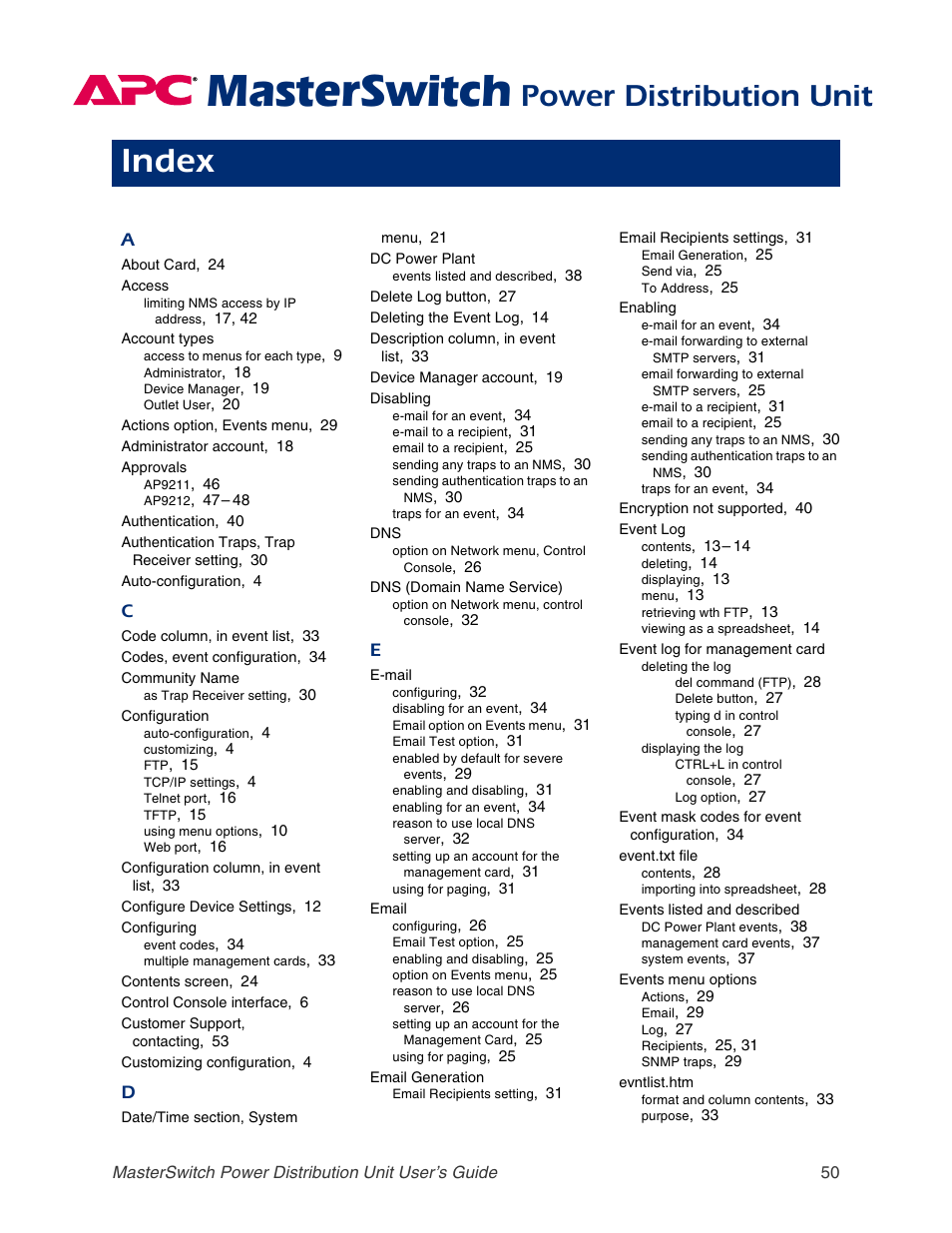 Index, Masterswitch, Power distribution unit | APC AP9211 User Manual | Page 54 / 57