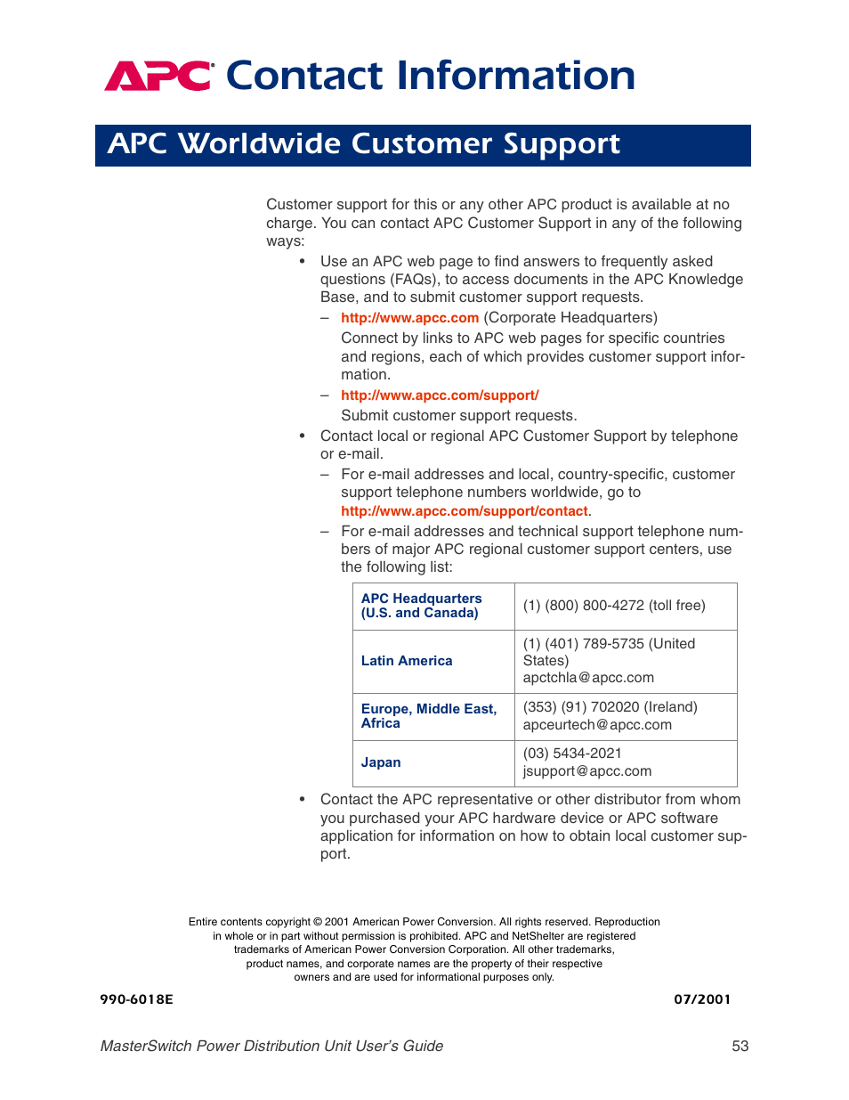 Apc worldwide customer support, Contact information | APC AP9211 User Manual | Page 57 / 57