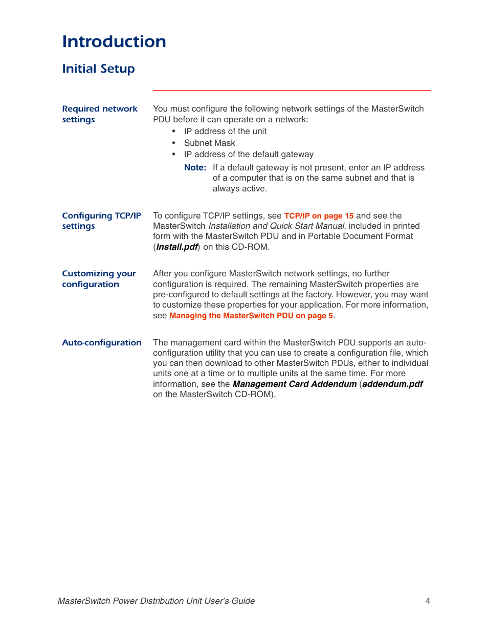 Initial setup, Required network settings, Configuring tcp/ip settings | Customizing your configuration, Auto-configuration, Configuring, Introduction | APC AP9211 User Manual | Page 8 / 57