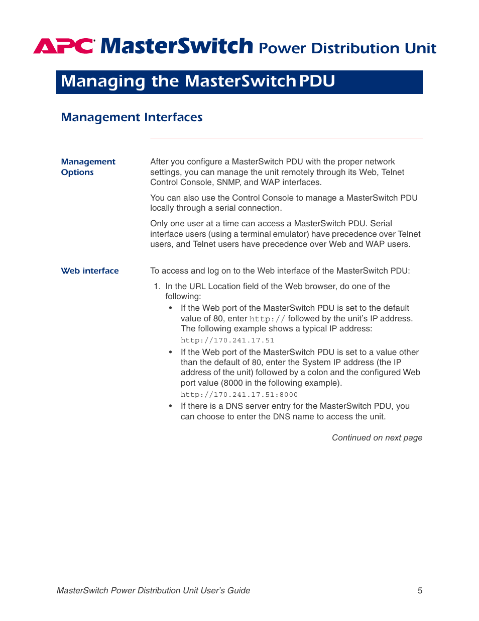 Managing the masterswitch pdu, Management interfaces, Management options | Web interface, Masterswitch, Managing the masterswitch, Power distribution unit | APC AP9211 User Manual | Page 9 / 57