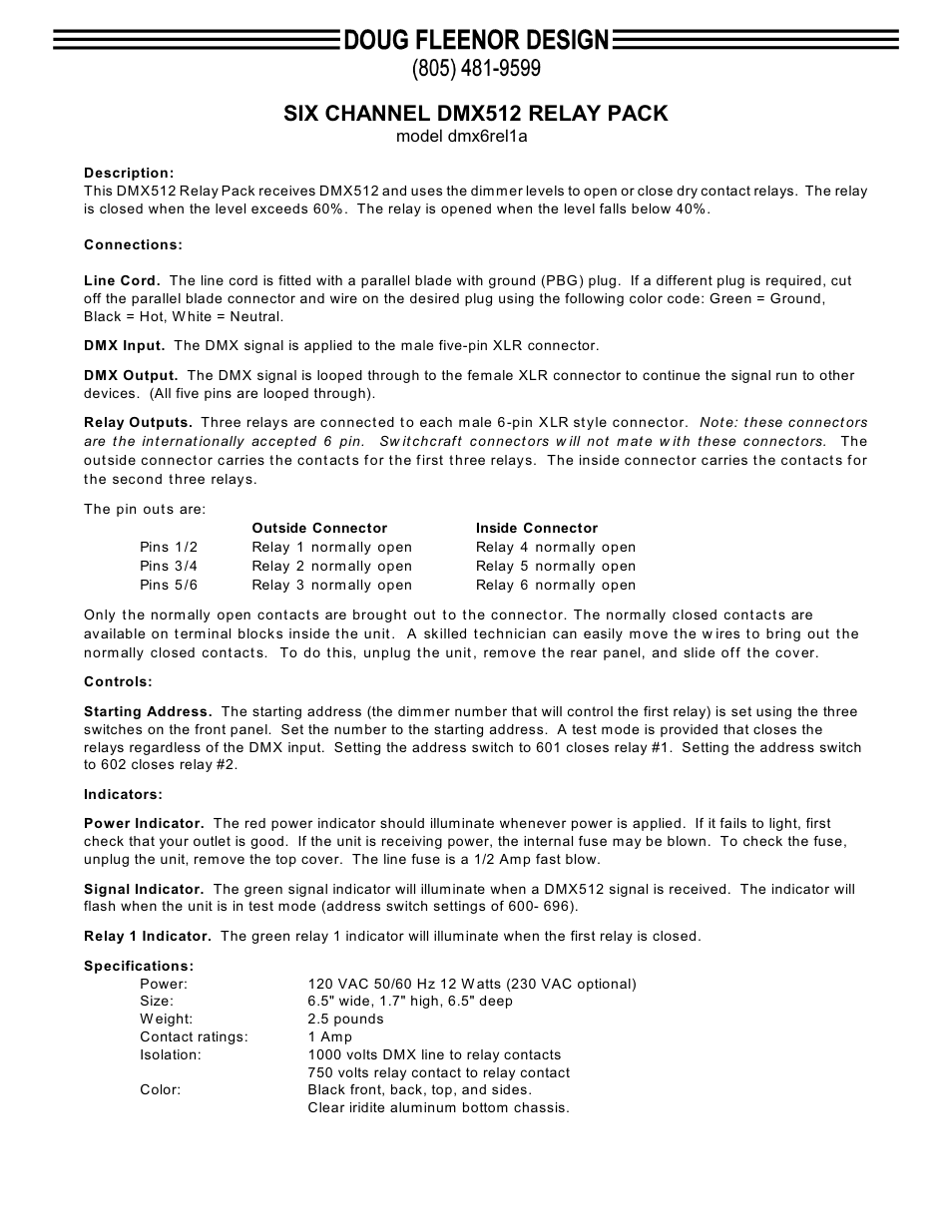 Doug Fleenor Design DMX6REL1A User Manual | 1 page