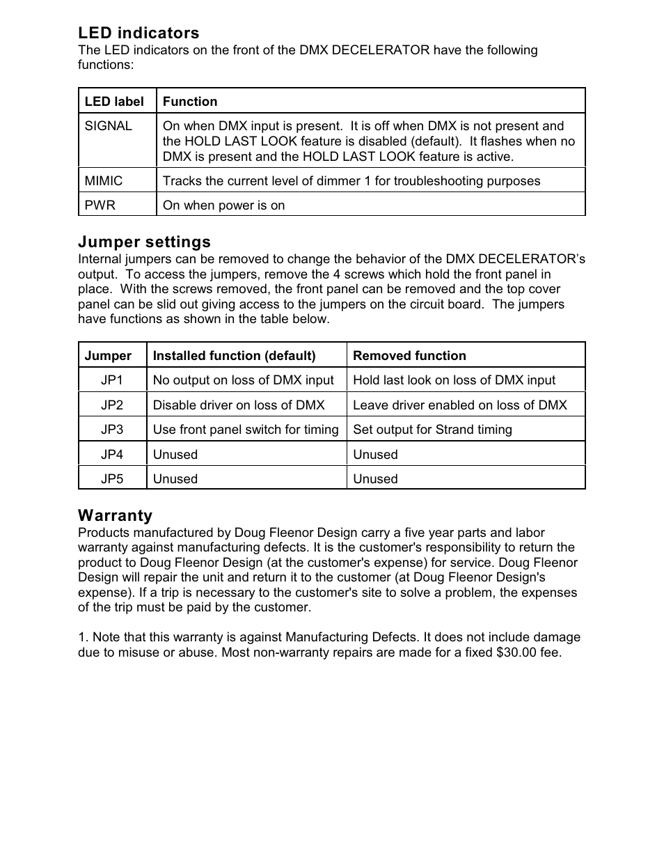 Led indicators, Jumper settings, Warranty | Doug Fleenor Design DMXDECELERATOR User Manual | Page 2 / 2
