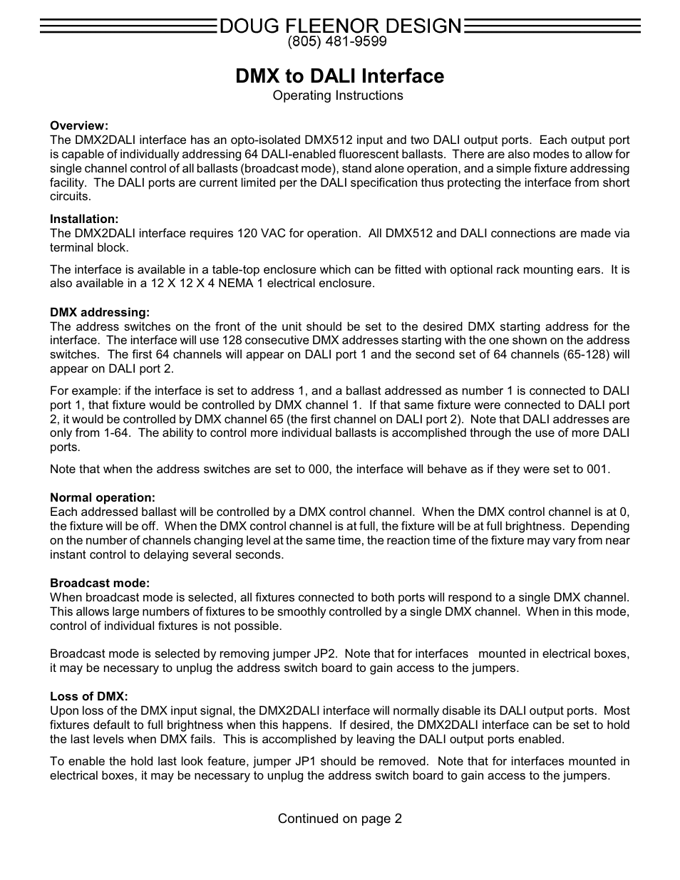 Doug Fleenor Design DMX2DALI User Manual | 2 pages