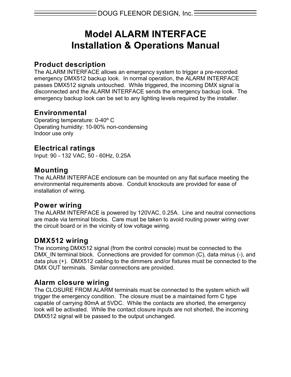 Doug Fleenor Design ALARM INTERFACE User Manual | 2 pages