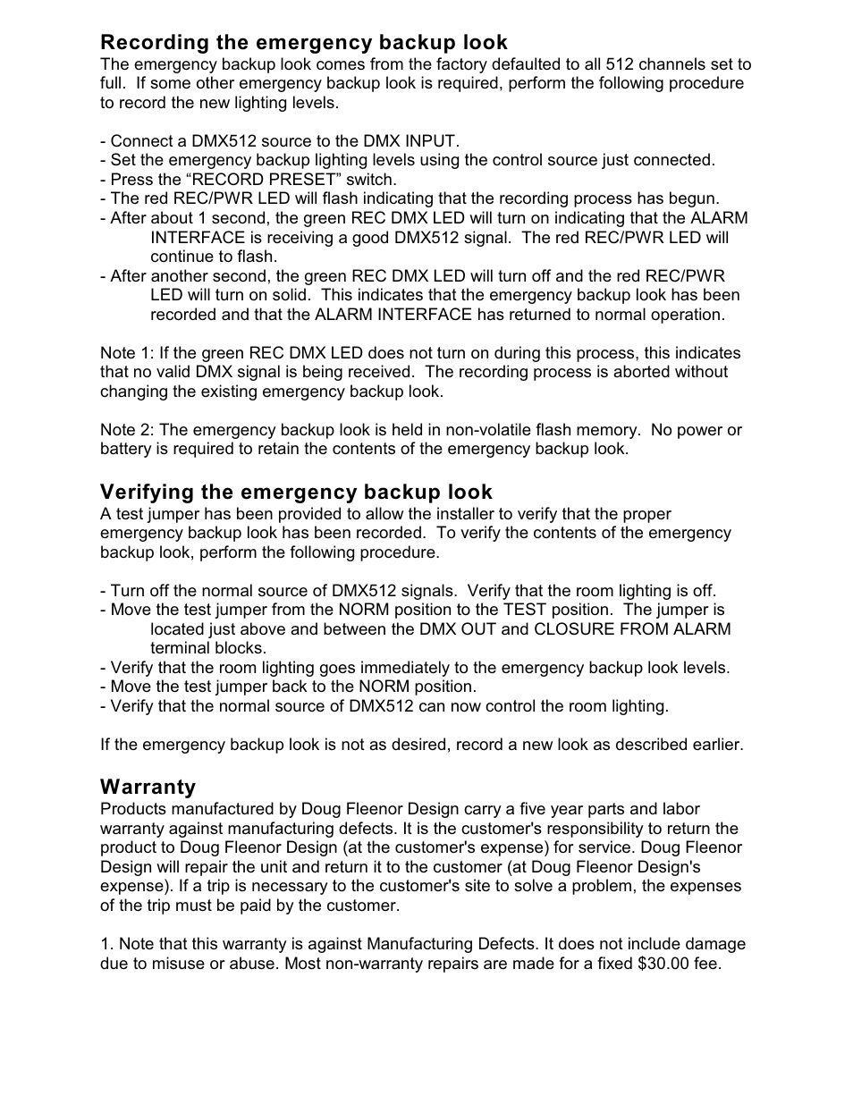 Recording the emergency backup look, Verifying the emergency backup look, Warranty | Doug Fleenor Design ALARM INTERFACE User Manual | Page 2 / 2