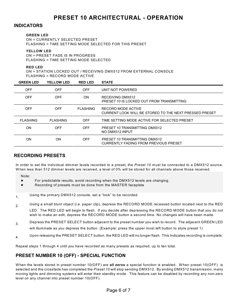 Preset 10 architectural - operation, Page 6 of 7, Indicators | Recording presets, Preset number 10 (off) - special function | Doug Fleenor Design PRE10-A User Manual | Page 6 / 7