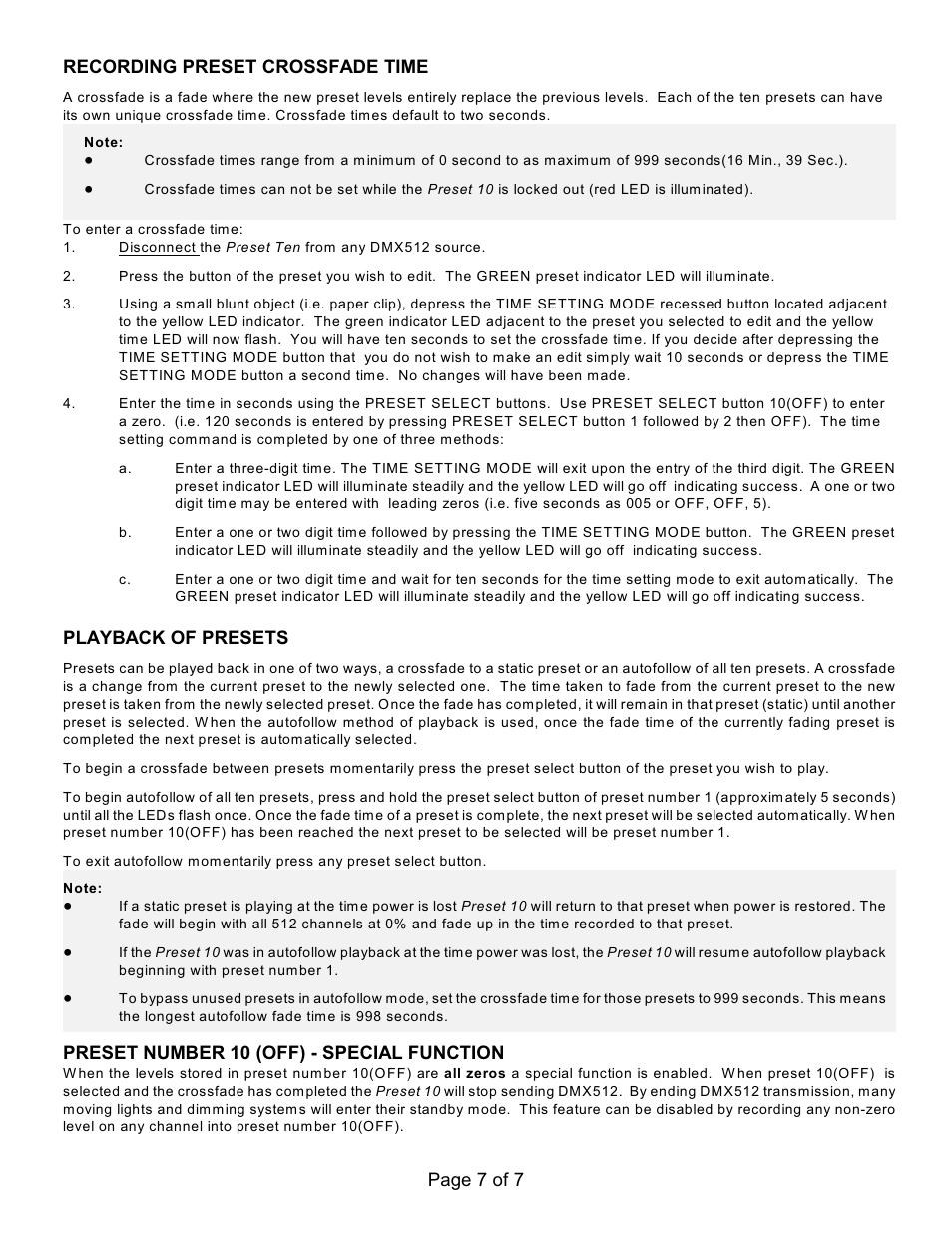 Page 7 of 7 recording preset crossfade time, Playback of presets, Preset number 10 (off) - special function | Doug Fleenor Design PRE10-A User Manual | Page 7 / 7