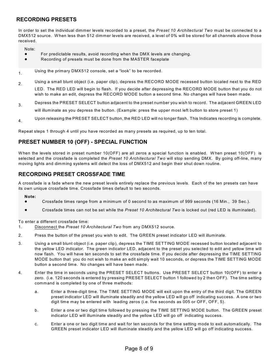 Page 8 of 9 recording presets, Preset number 10 (off) - special function, Recording preset crossfade time | Doug Fleenor Design PRE10-A2 User Manual | Page 8 / 9
