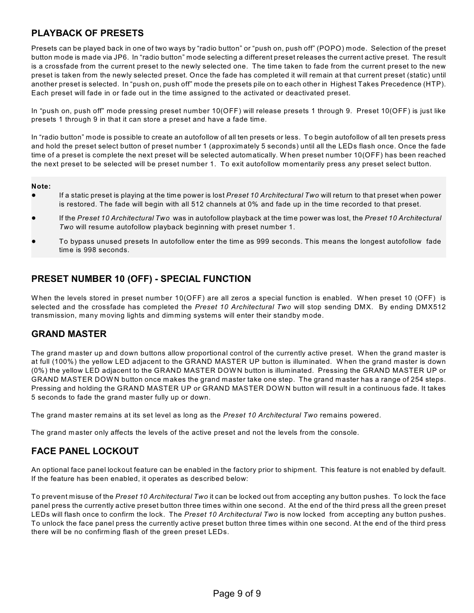 Page 9 of 9 playback of presets, Preset number 10 (off) - special function, Grand master | Face panel lockout | Doug Fleenor Design PRE10-A2 User Manual | Page 9 / 9