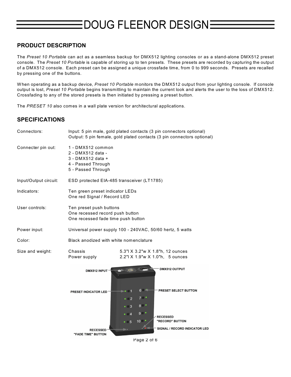 Product description, Specifications | Doug Fleenor Design PRE10-P User Manual | Page 2 / 6