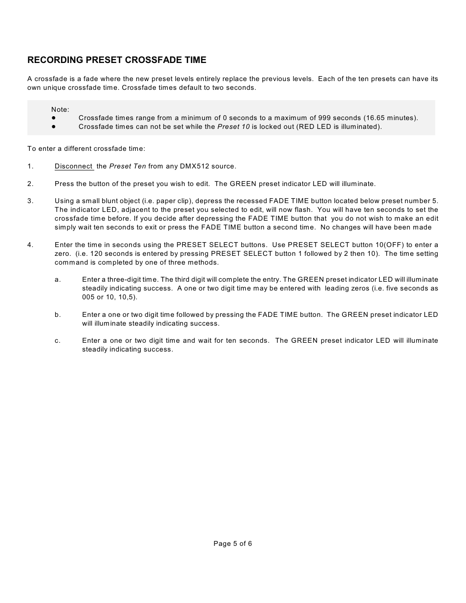 Recording preset crossfade time | Doug Fleenor Design PRE10-P User Manual | Page 5 / 6