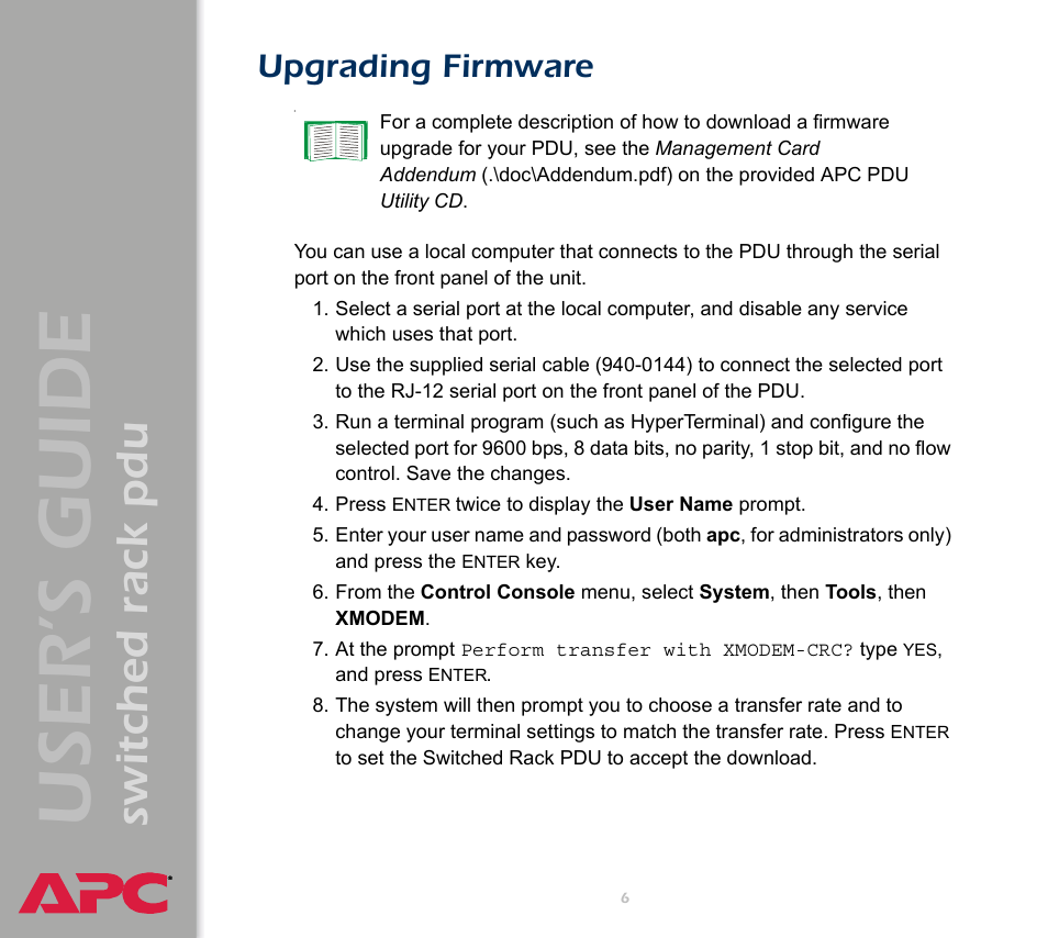 Upgrading firmware, User ’s guide, Switched rack pdu | APC Switched Rack Power Distribution Unit (PDU) User Manual | Page 10 / 93