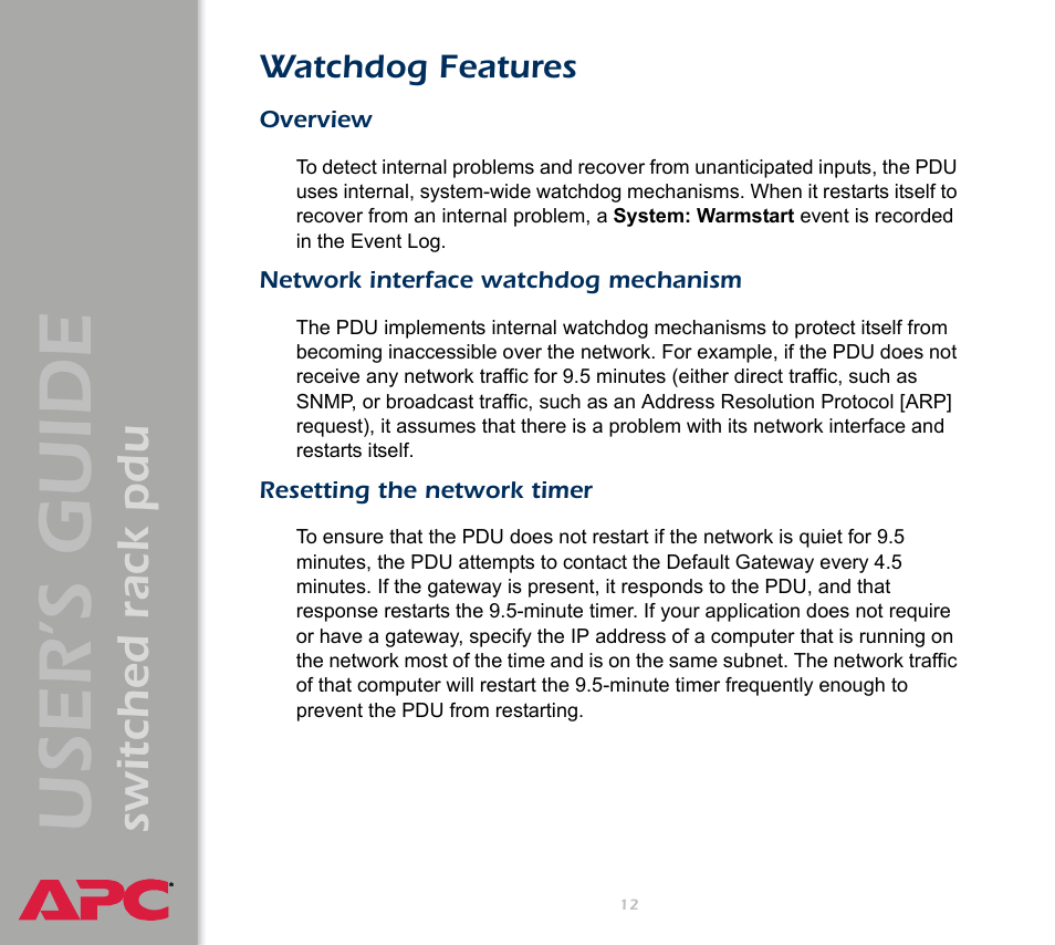 Watchdog features, Overview, Network interface watchdog mechanism | Resetting the network timer, User ’s guide, Switched rack pdu | APC Switched Rack Power Distribution Unit (PDU) User Manual | Page 16 / 93