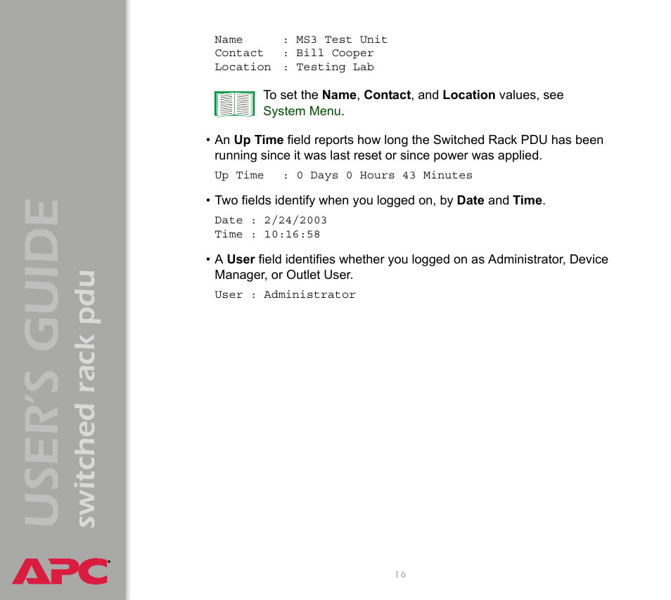 User ’s guide, Switched rack pdu | APC Switched Rack Power Distribution Unit (PDU) User Manual | Page 20 / 93
