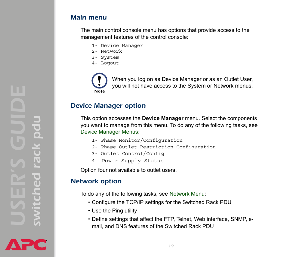 Main menu, Device manager option, Network option | User ’s guide, Switched rack pdu | APC Switched Rack Power Distribution Unit (PDU) User Manual | Page 23 / 93