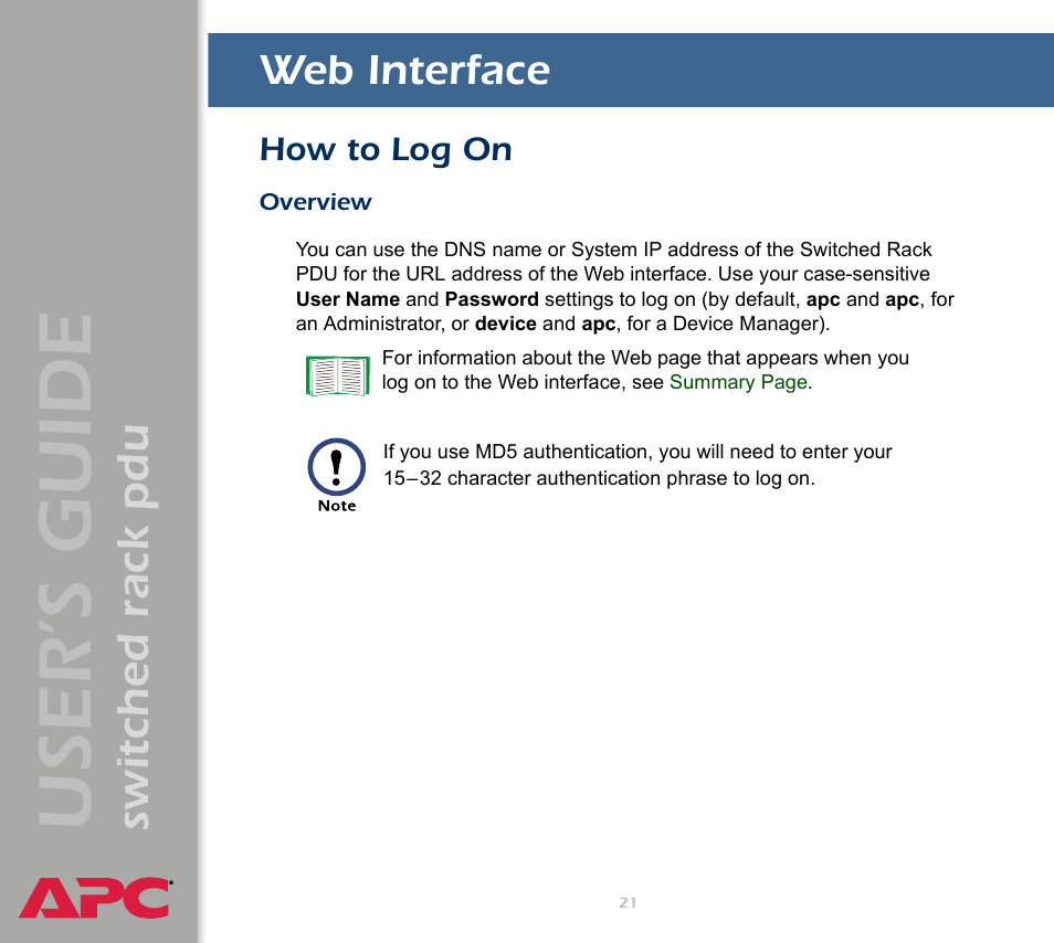 Web interface, How to log on, Overview | User ’s guide, Switched rack pdu | APC Switched Rack Power Distribution Unit (PDU) User Manual | Page 25 / 93