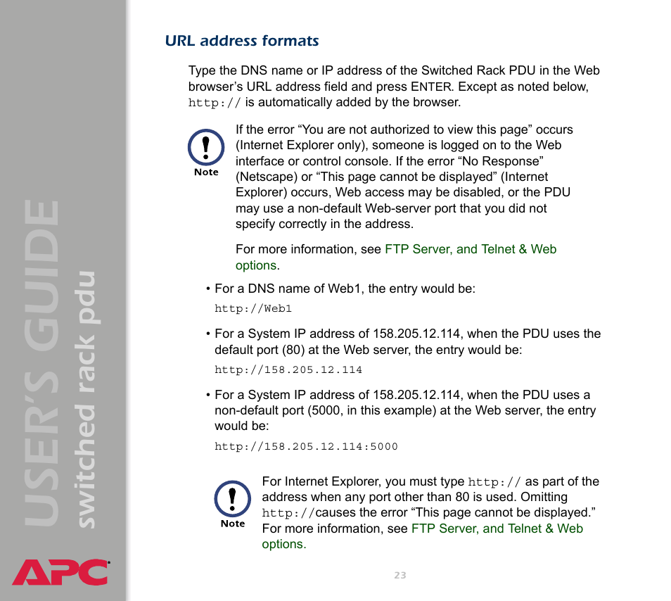Url address formats, User ’s guide, Switched rack pdu | APC Switched Rack Power Distribution Unit (PDU) User Manual | Page 27 / 93