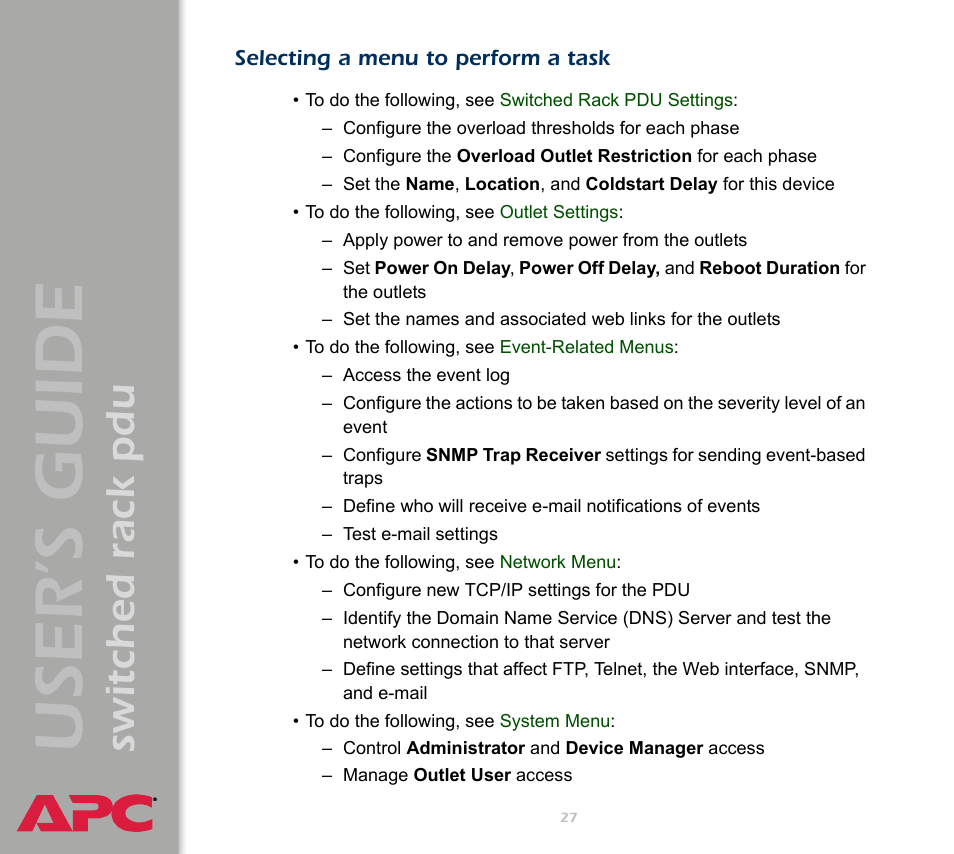 Selecting a menu to perform a task, User ’s guide, Switched rack pdu | APC Switched Rack Power Distribution Unit (PDU) User Manual | Page 31 / 93