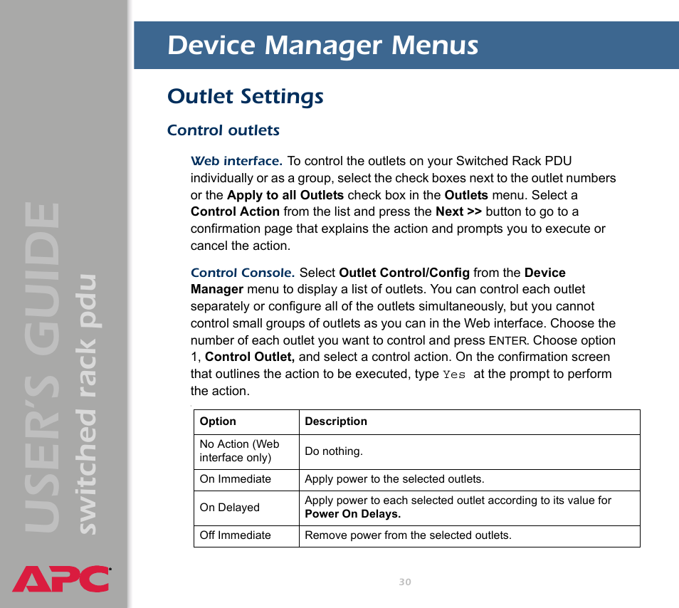 Device manager menus, Outlet settings, Control outlets | User ’s guide, Switched rack pdu | APC Switched Rack Power Distribution Unit (PDU) User Manual | Page 34 / 93