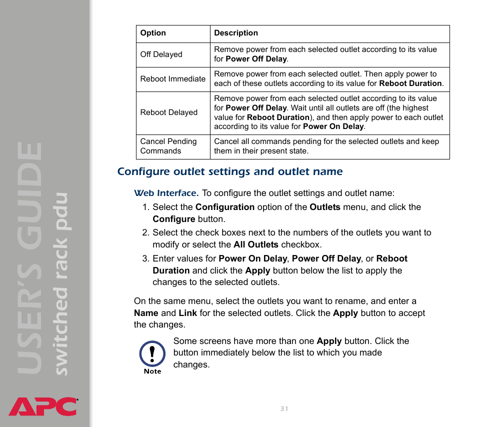 Configure outlet settings and outlet name, User ’s guide, Switched rack pdu | APC Switched Rack Power Distribution Unit (PDU) User Manual | Page 35 / 93
