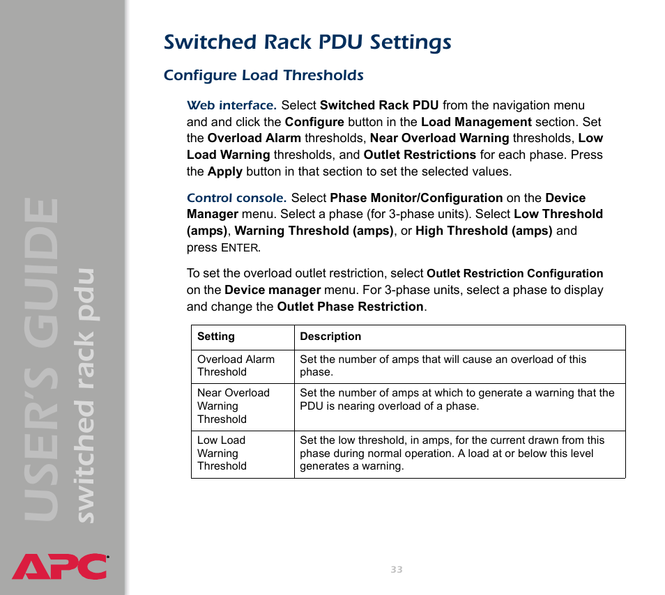 Switched rack pdu settings, Configure load thresholds, User ’s guide | Switched rack pdu | APC Switched Rack Power Distribution Unit (PDU) User Manual | Page 37 / 93