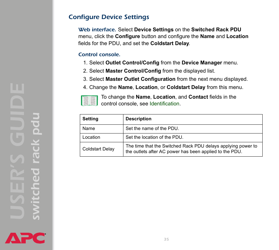 Configure device settings, User ’s guide, Switched rack pdu | APC Switched Rack Power Distribution Unit (PDU) User Manual | Page 39 / 93