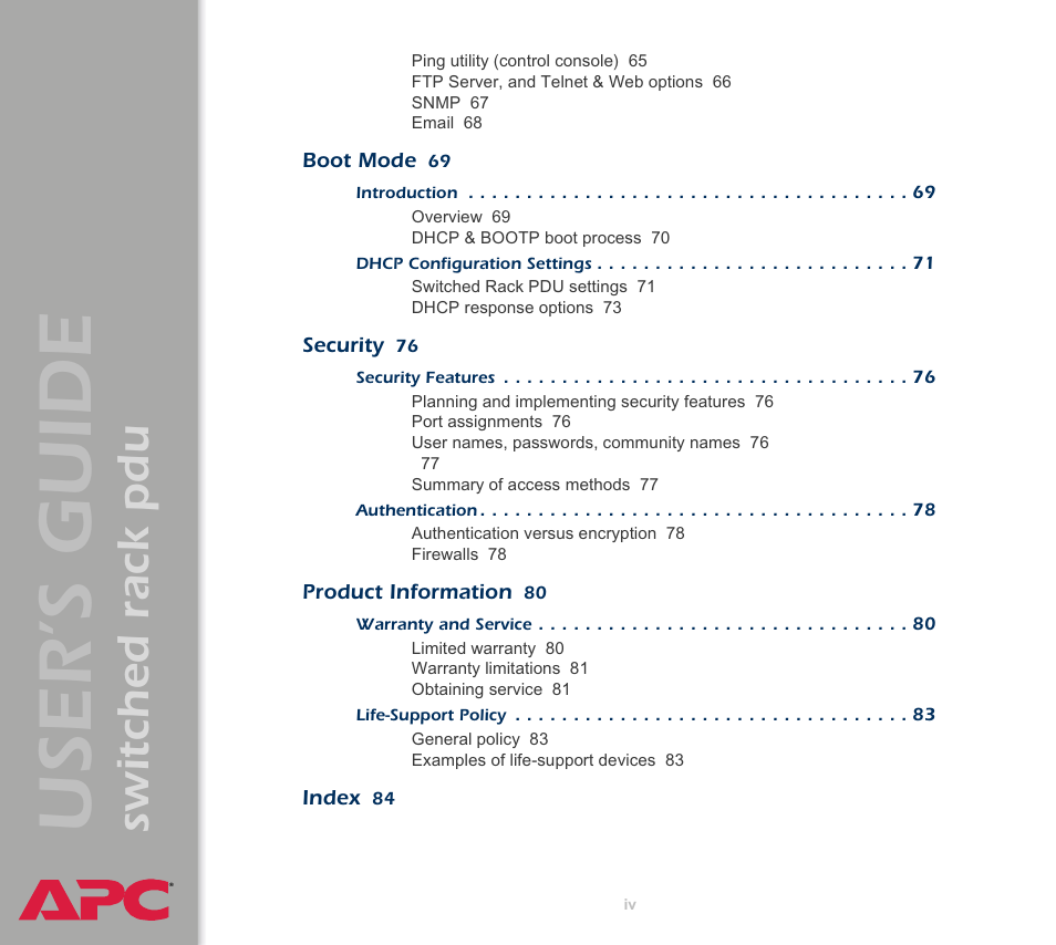 User ’s guide, Switched rack pdu | APC Switched Rack Power Distribution Unit (PDU) User Manual | Page 4 / 93