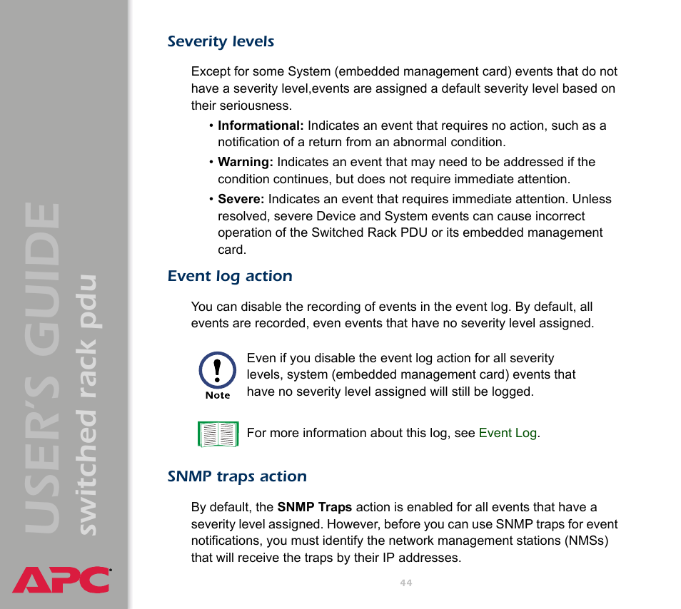 Severity levels, Event log action, Snmp traps action | User ’s guide, Switched rack pdu | APC Switched Rack Power Distribution Unit (PDU) User Manual | Page 48 / 93