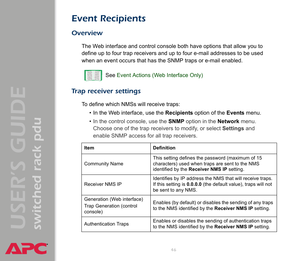 Event recipients, Overview, Trap receiver settings | Event, Recipients, User ’s guide, Switched rack pdu | APC Switched Rack Power Distribution Unit (PDU) User Manual | Page 50 / 93